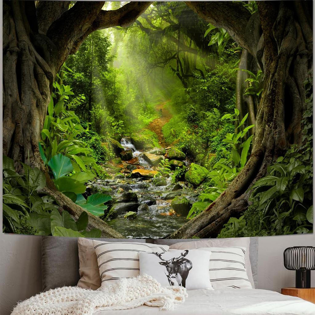 TUGCAY Misty Forest Tree Cave Tapestry Nature Green Tapestry Enchanted Rainforest Tropical Jungle Sunshine Flowing Stream Landscape Wall Tapestries