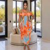 European and American summer printed women's clothing, cool color matching, chest-wrapped hip-wrapped skirt, home diagonal collar backless long dress