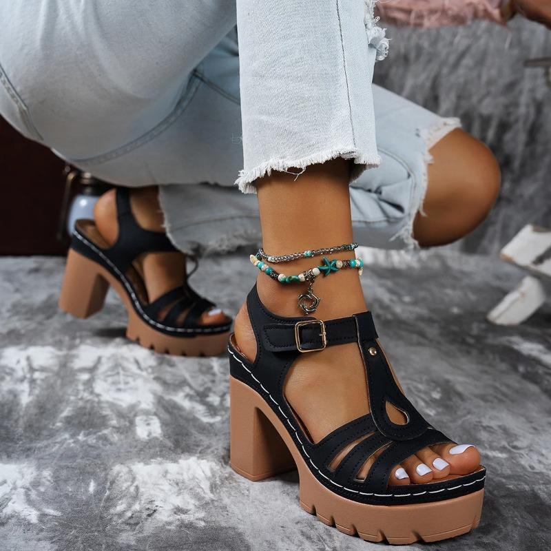 Ethnic Style Roman Line Sandals Summer Casual European American Thick Heels Women's High Heels