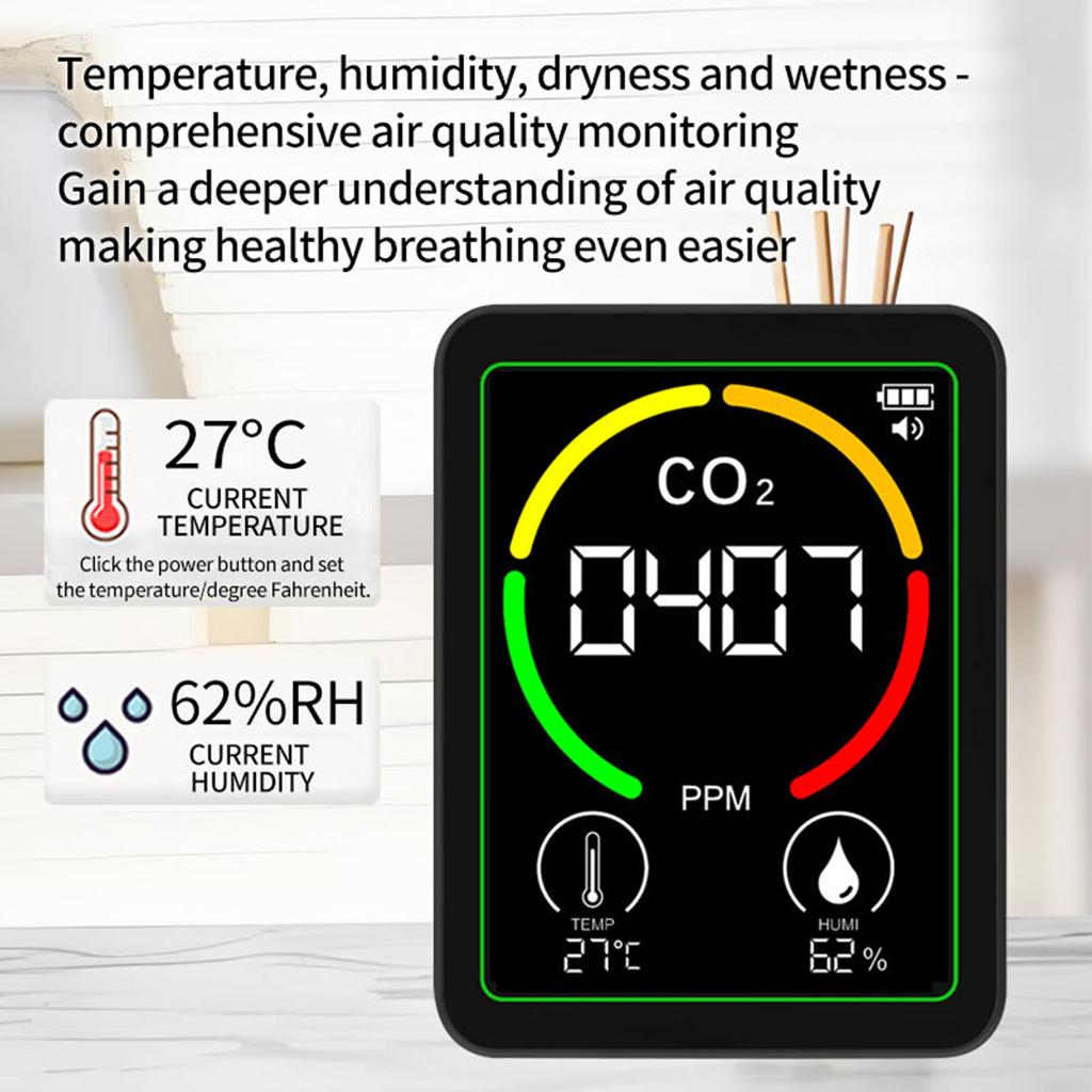Detektor Jakości Powietrza 3 w 1, Monitorowanie w Czasie Rzeczywistym Dwutlenku Węgla, Wilgotności, Temperatury, Kolorowy Ekran 2,8 cala,