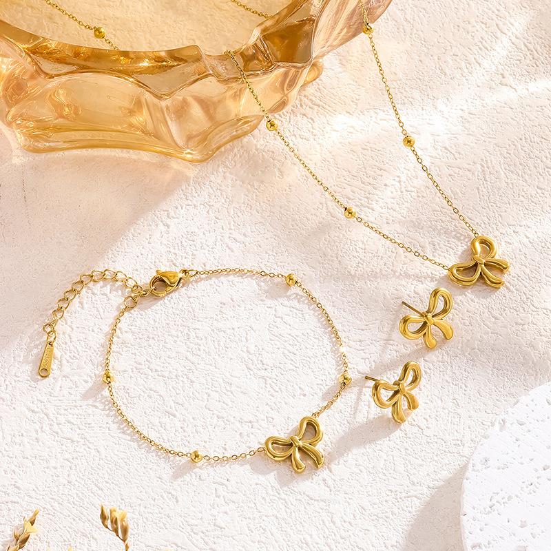 Gold Bow Earrings Necklace Bracelet Trendy Bowknot Ribbon Pearl Choker Necklace Trendy Bow Stuff