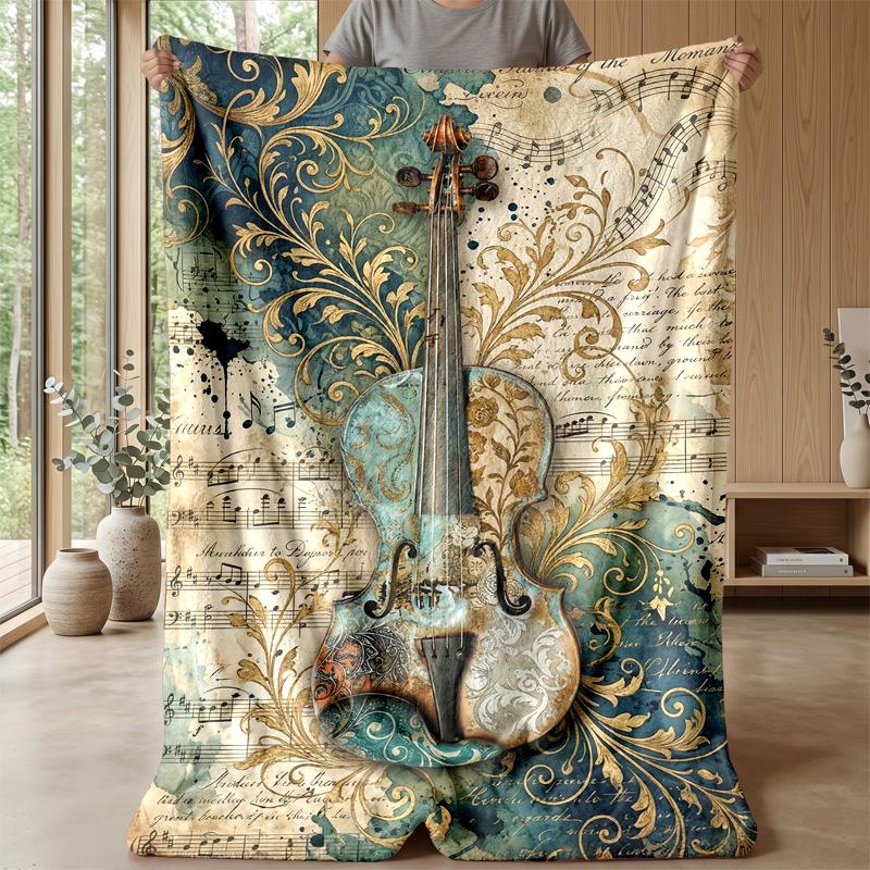 Vintage Violin Melody Theme Blanket Lightweight Warm Flannel Blanket Decorative Throw Blanket for Home Decoration