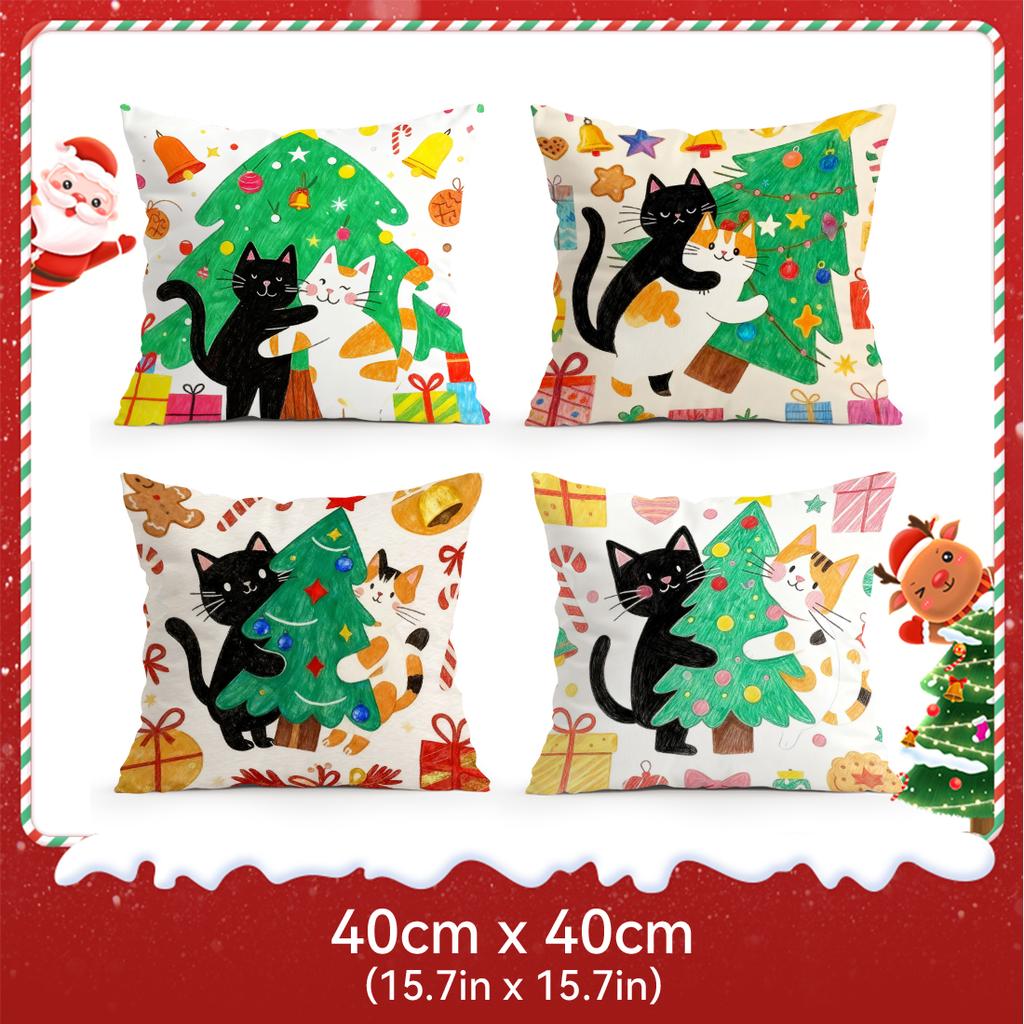 Christmas Tree Cat Cushions Pillowcase Polyester Cushion Cover Throw Pillow Pillowcover Home Car Sofa Decor