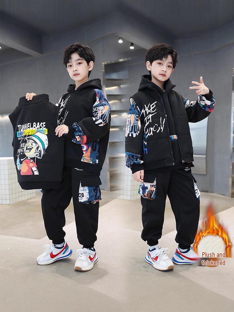 2025 Modny chłopięcy zimowy zestaw bluz dresowych z podszewką z polaru - Ciepły, gruby, stylowy trzyczęściowy zestaw dla chłopców