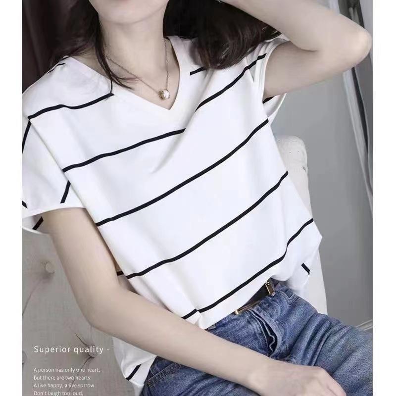 Korean Summer Loose Versatile V-neck Slimming Striped Short-T-shirt Tops For M белый