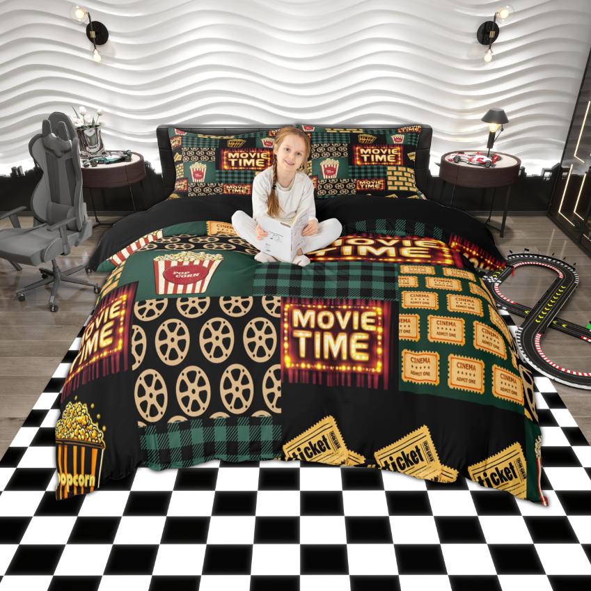Homewish Vintage Cinema Duvet Cover Set, Movie Tine Print Bedding Set, Retro Film Popcorn Bedroom Set, Room Decor