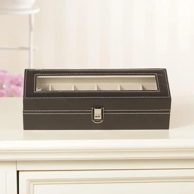 6 Slots Leather Watch Storage Box Organizer New Mechanical Mens Watch Display Holder Cases Household Black Jewelry Gift Boxes