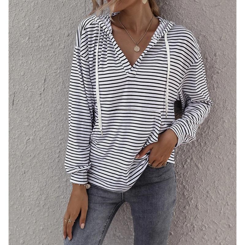 Women Striped Print Long Sleeve Hoodie With Drawstring And Kangaroo Pocket Casual V Neck Sweatshirt S белый