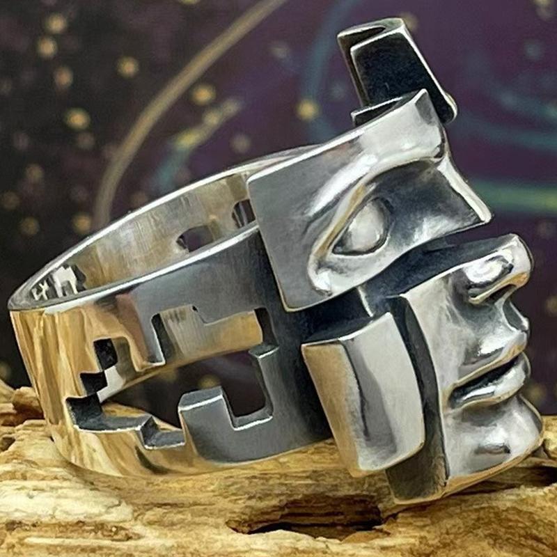 

Vintage Human Face Pattern Opening Adjustable Ring For Men Versatile Personalized Kirsite Finger Ring Jewelry Accessories Gifts One Size