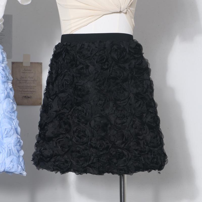3D Rose Midi Tulle Skirt - Fluffy, Elastic High Waist, Slimming, Versatile A-line for Women