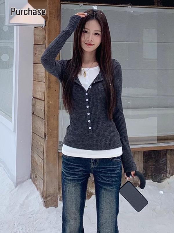 Elegant Grijs Faux Tweestuk Dames T-shirt in Koreaanse Stijl - Herfst/Winter Slankmakend Basislaag Top