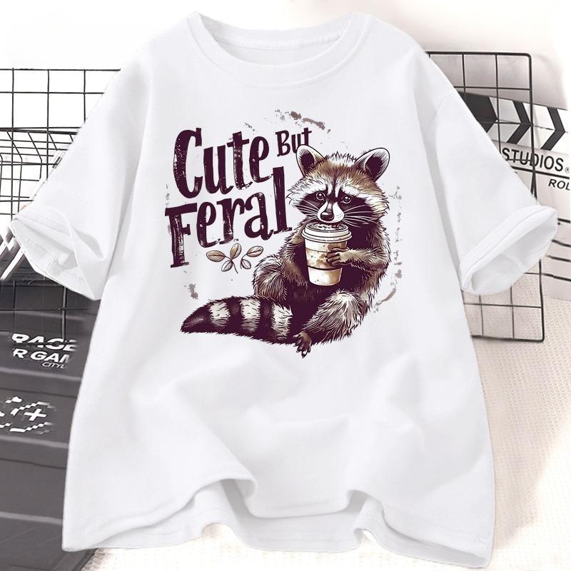 Funny Racoon Cute But Feral T Shirt Women Funny Opossum Tee Retro Animal Meme Tshirt Cotton Short Sleeve Clothing Female Tees