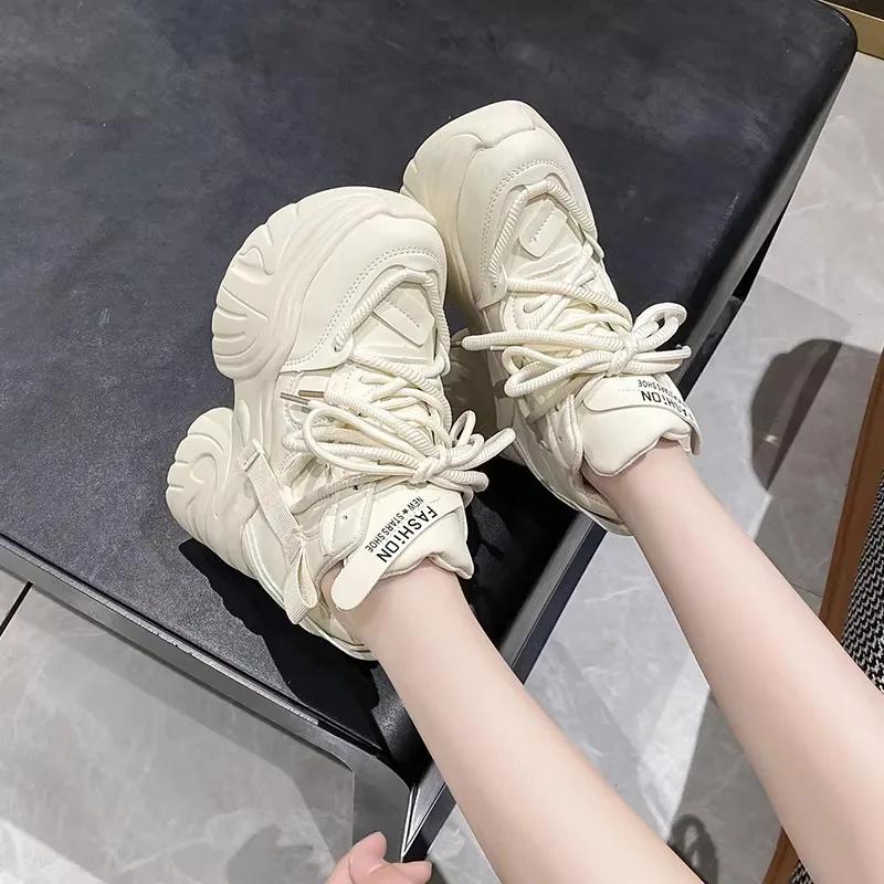 Fashion Women Walking Sneakers Autumn Lace-up High Platform Chunky Shoes Breathable Leather Shoes 10.5CM Winter Wedge Heels Casual Shoes