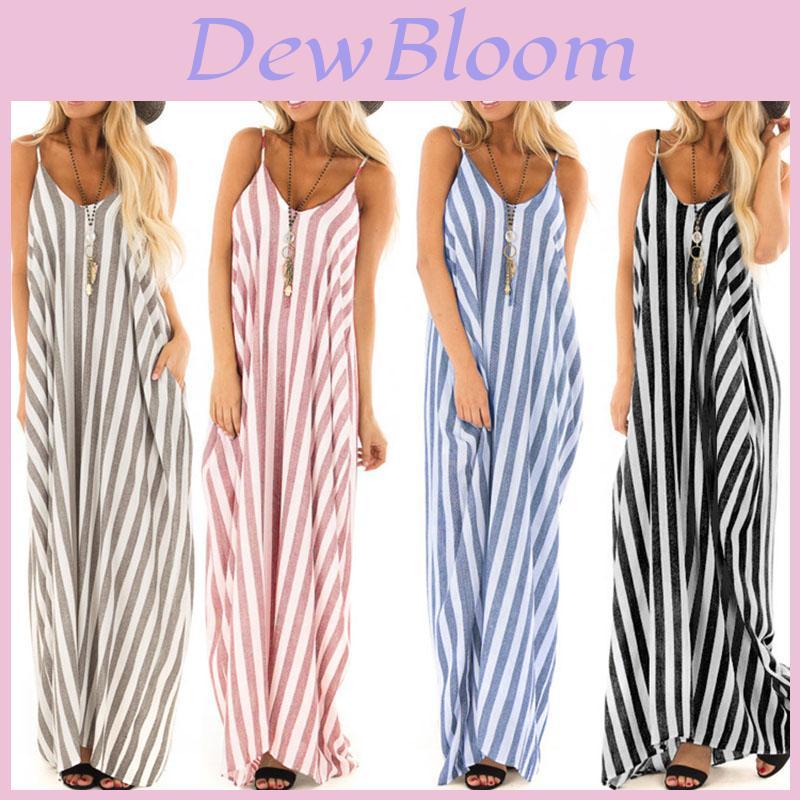 Elegante Vestito Maxi Casual da Donna Senza Maniche a Righe per il Divertimento Estivo