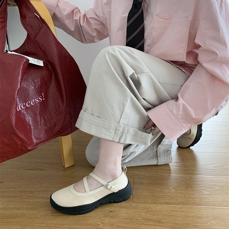 Casual simple single shoes soft sole shallow mouth ballet fashion training shoes one word with Mary Jane shoes leather cloth splicing women's shoes