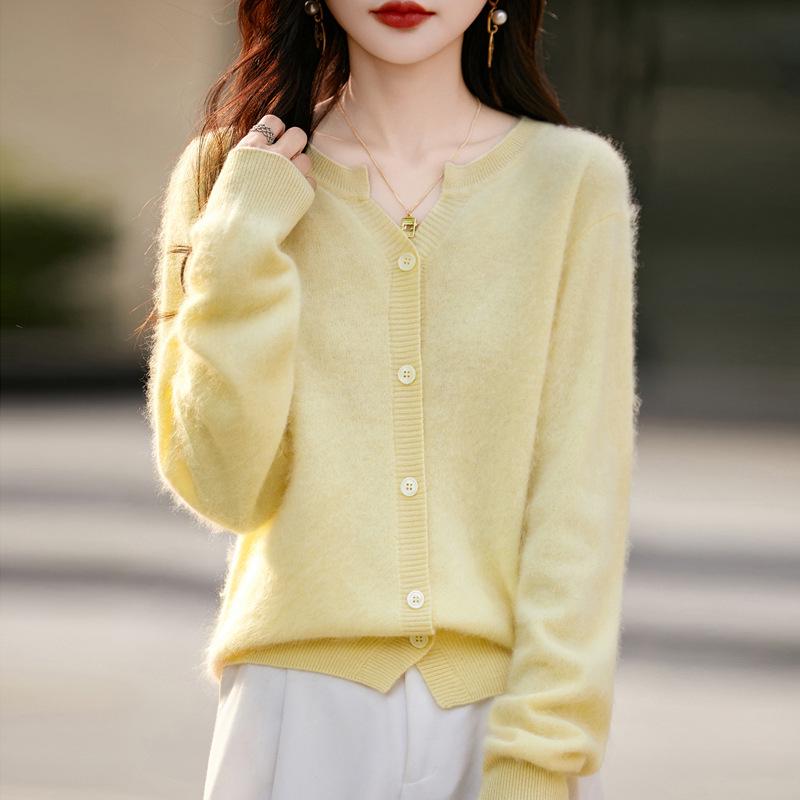Women's Seamless 100% Pure Wool Cardigan - Round Neck, Loose Fit, Brushed Knit Sweater