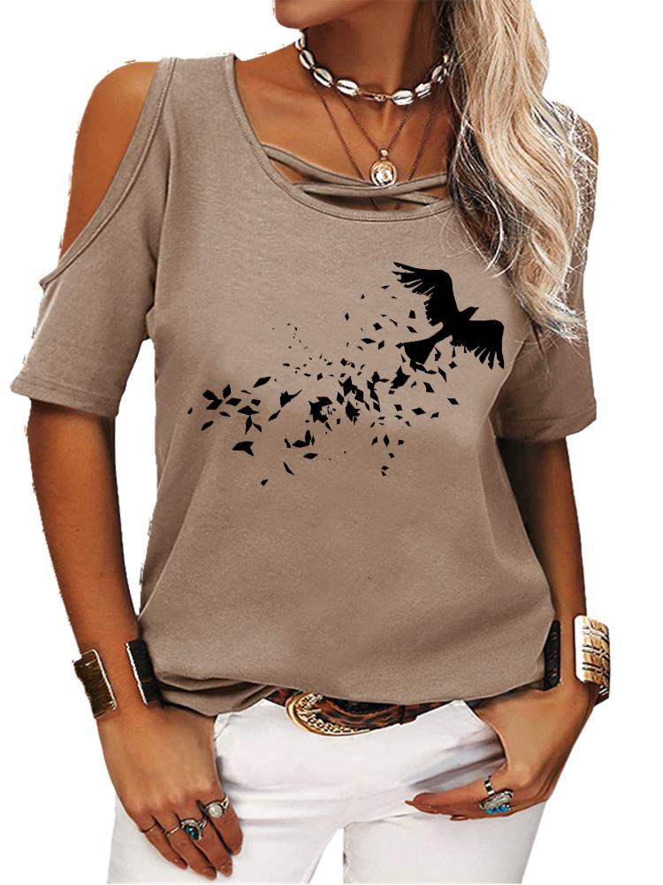 Women Casual Short Sleeve Shirt Summer O Neck T-shirt Ladies Fashion Print Off Shoulder Top