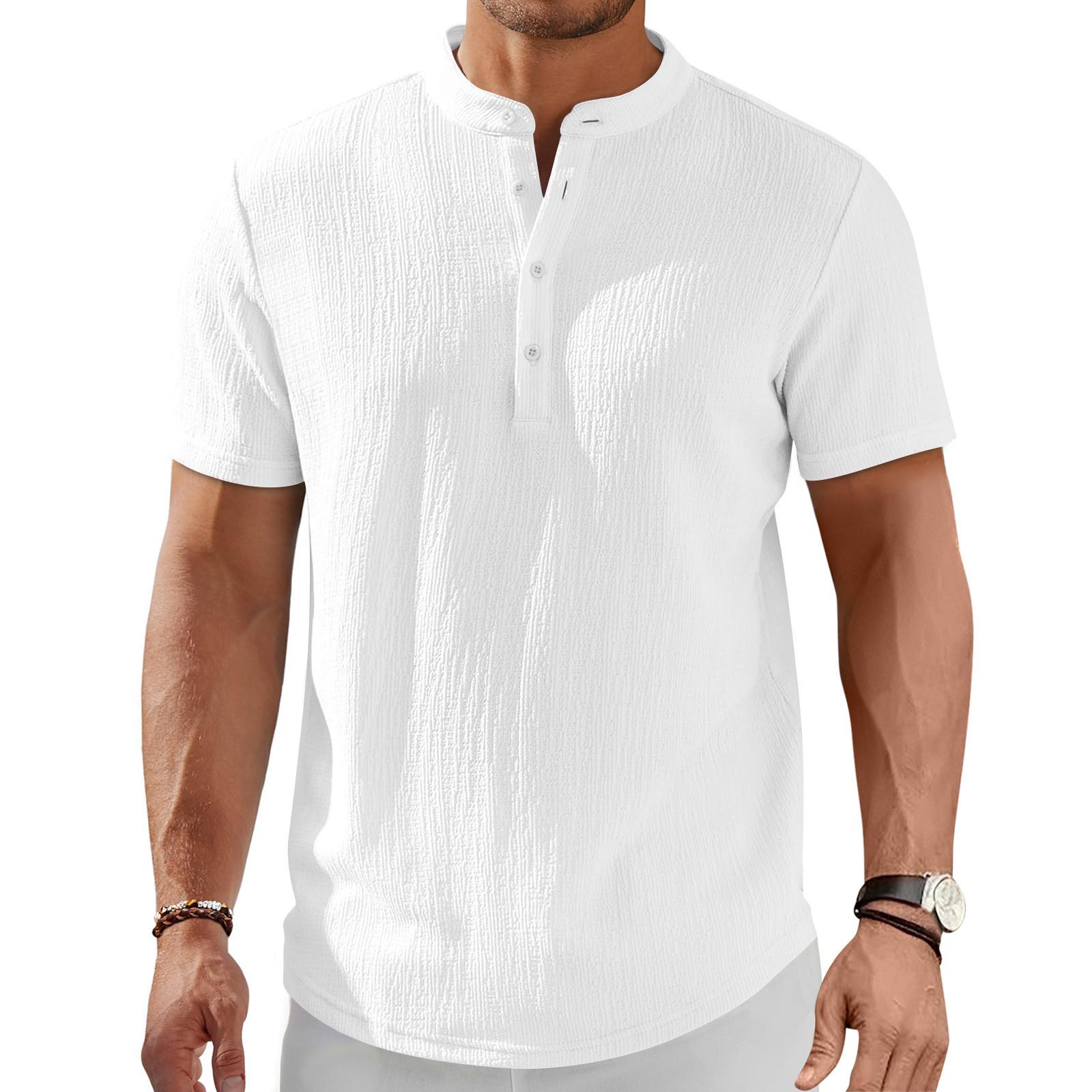 

Мужская рубашка с коротким рукавом, без воротника, на пуговицах, модная повседневная базовая футболка, топ белый