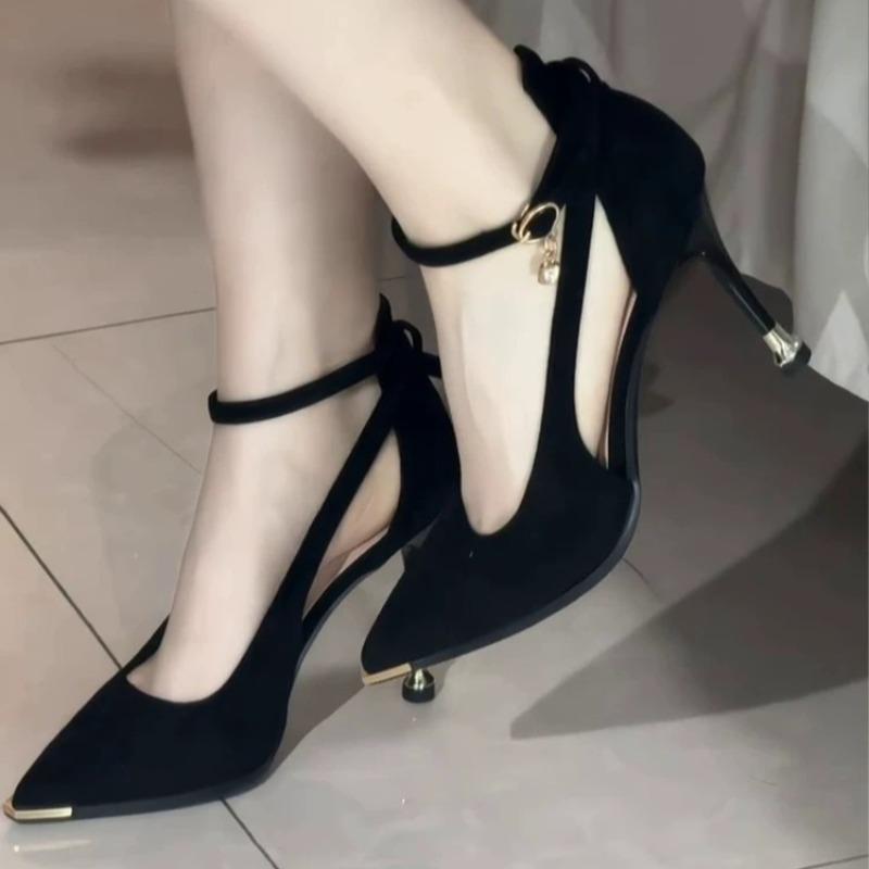 Women Sandals High Quality Solid Color Shoes Pointed Toe Shallow Mouth Hollow Sandals One-word Buckle Strap Stiletto Heels Women