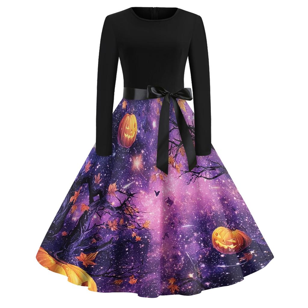 Women's Casual Vintage Halloween Dress Long Sleeve Round Neck Retro Print Fit and Flare Midi Dress with Waist Tie Belt