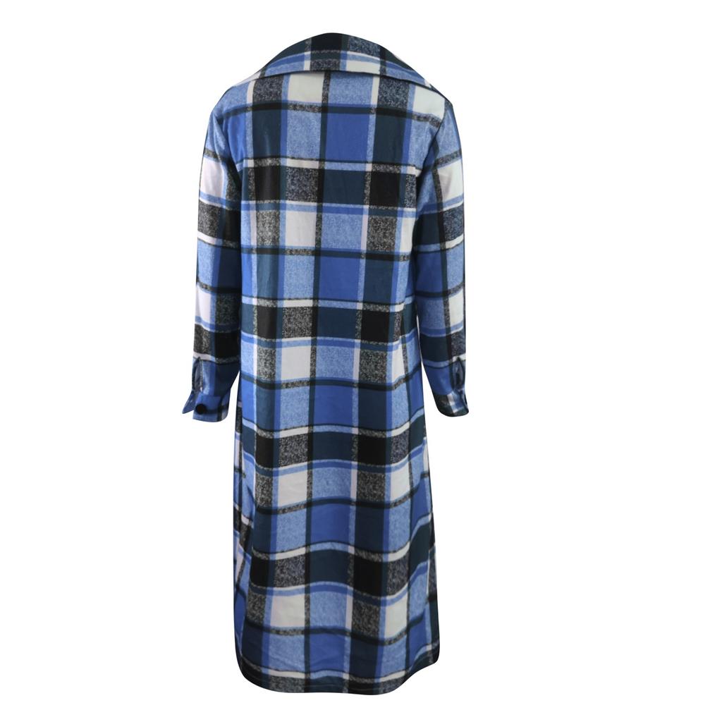 Damen Lässiger, lockerer, langärmliger, lockerer, einreihiger, karierter langer Mantel mit Knopf