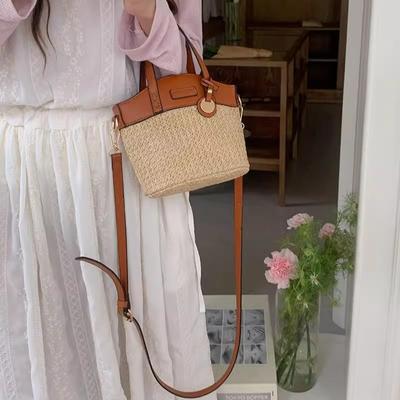 New Woven Bucket Bags Women's Shoulder Bags Manual Woven Handheld Bags Straw Woven Bags Vacation Fashion Leisure Crossbody Bags