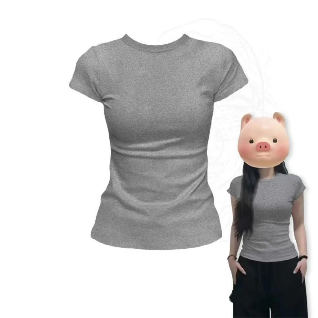 Women's American Style Slim Fit Crew Neck Cotton T-Shirt - 2026 Summer Design, Short Sleeve, Cinched Waist