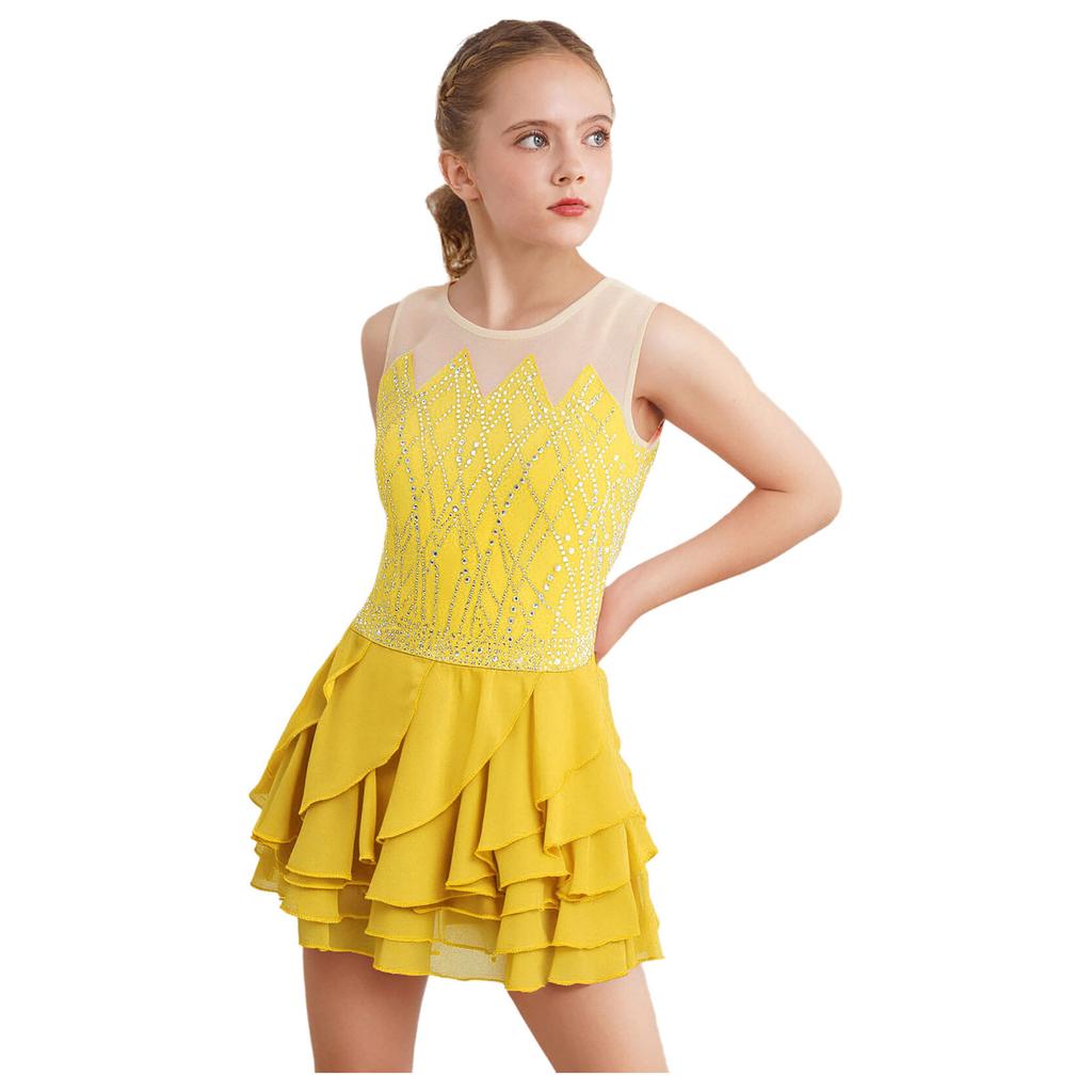 Kids Girls Rhythm Gymnastics Ballet Skirted Leotards Dresses Shiny Rhinestones Figure Skating Lyrical Dance Performance Costume