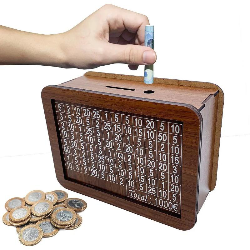 

1pcs Money Box Piggy Bank Wooden Savings Can Reusable Money Box with Savings Target and Digital Drawer