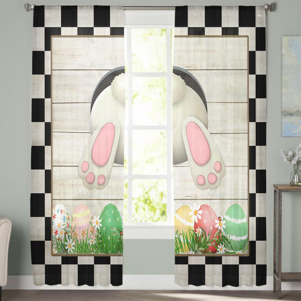 Easter Retro Farm Style Bunny Sheer Curtains for Bedroom Living Room Festival Decor Cute Rabbit Kitchen Window Tulle Curtain