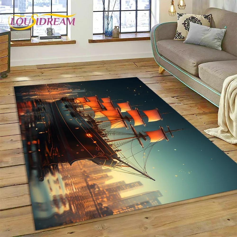 Ancient Pirate Ship Boat,Barque,Sailboa Carpet Rug for Bedroom Living Room Home Sofa Decoration,Child Game Large Decor Floor Mat