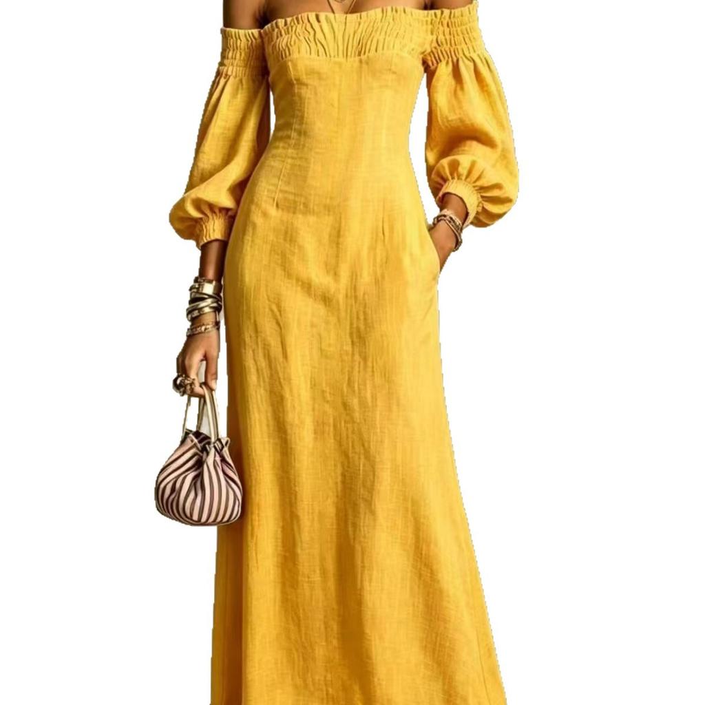 European and American One-word Shoulder Long Women's Dress, Bubble Sleeves, Waist and Thin Temperament Long Holiday Dress