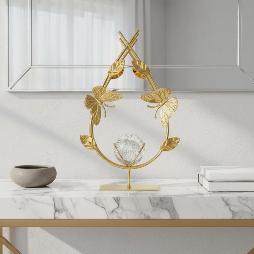 Crystal Ball Decor Elegant Luxury Desk Sculpture Gold Flower Ornament Gift Idea Leaf Sculpture Shiny Finish for Living Room