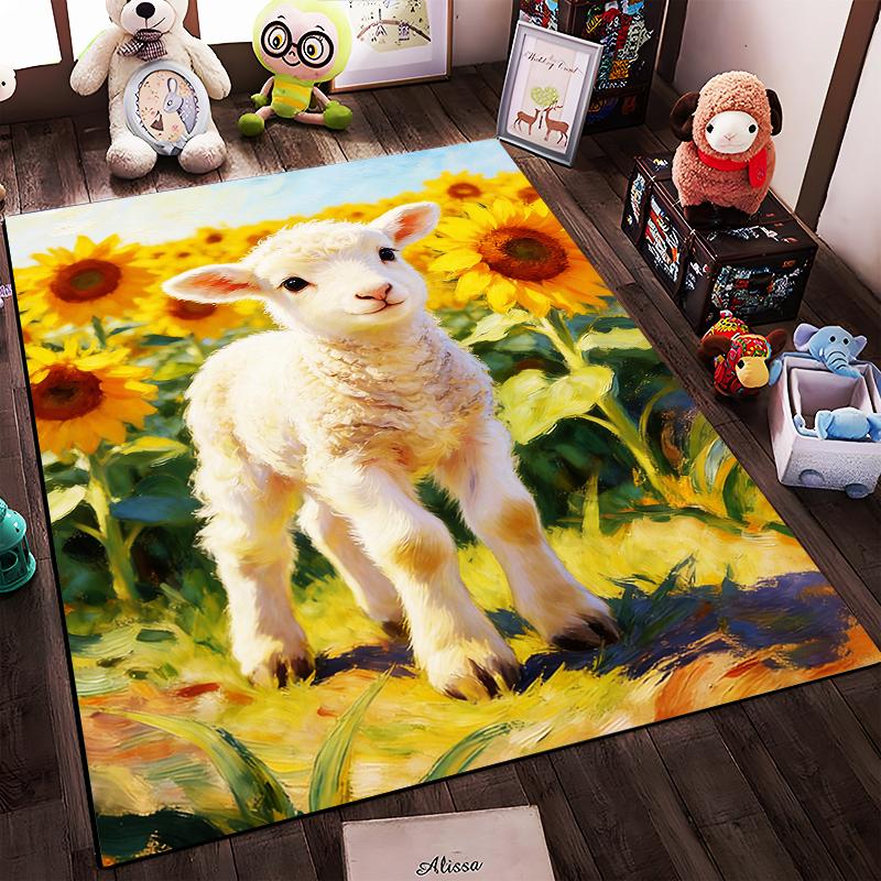 Cute Lamb and Sunflowers Artistic Print Carpet for Living Room Decor Suitable for use as an anti-slip for living room bedroom sofas