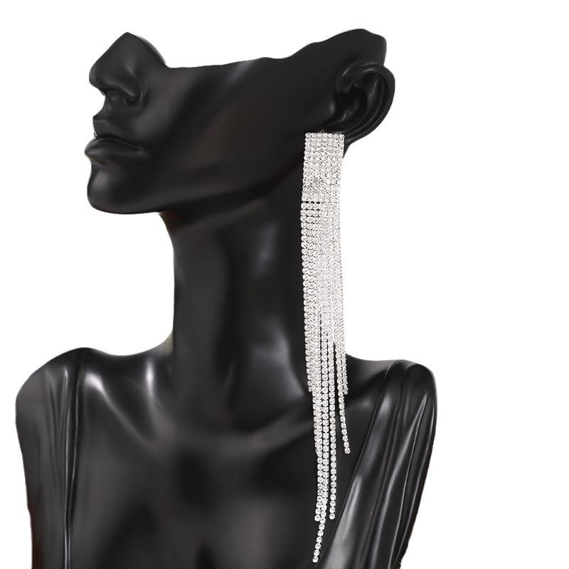 Silver Tide Full Diamond Tassel Personalized Design Earrings Temperament Earrings Exquisite Trend
