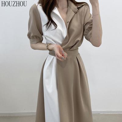 HOUZHOU Vestido Camisa Patchwork Feminino Verão Manga Curta Chic Clássico Básico Office Lady Francês Vintage Midi