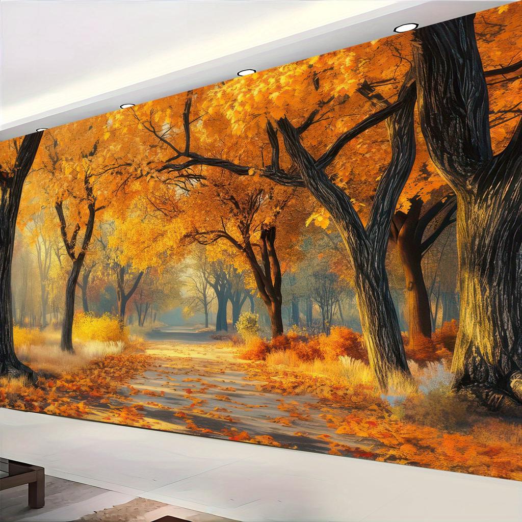 2D flat design, 1-piece golden autumn tree path tapestry, suitable for autumn-themed home decor and photo background