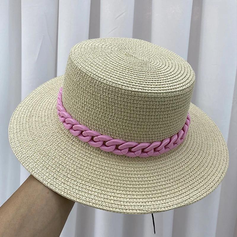 Nieuwe Kleur Ketting Platte Top Unisex Jazz Strooien Hoed Buiten Vrouwen Zeevakantie Zon Strand Hoeden Mode Zomer Panama Emmer Hoed