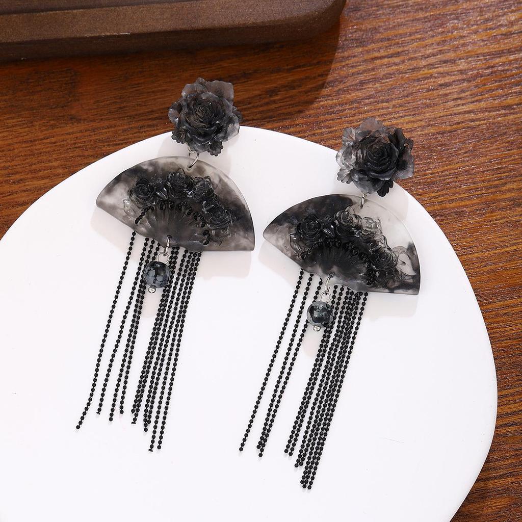Silver Needle Chinese Ink Painting Flower Tassel Earrings: Light Luxury, High-End Qipao Accessories for Women
