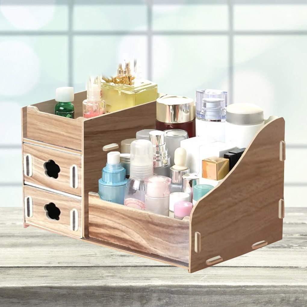 Desk Cosmetic Storage Box Wooden Makeup Case Jewelry Organizer