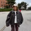 Vintage Small Lapel Brown Black Faux Leather Jacket Loose Casual Biker Coat Women
