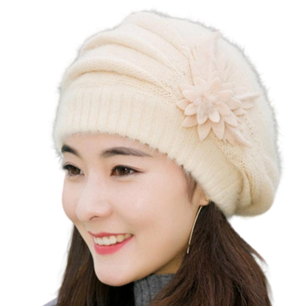 Fashionable Beret Hat With Plush Rabbit Furs Flower Decors Pullover Brimless Hat for Women Office Winter Head Accessory