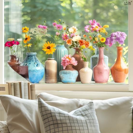 Flower Vase Window Cling Removable Waterproof PVC Floral Plants Container Static Glass Sticker Home Living Room Bedroom Decoration Decal