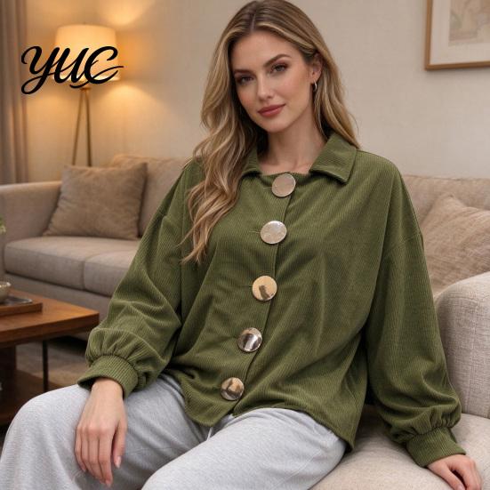 Lady Corduroy Jacket Women with Large Metal Buttons, Lantern Sleeve Casual Long Coat for Fall Winter, Loose Fit Oversized Collared Outerwear Warm