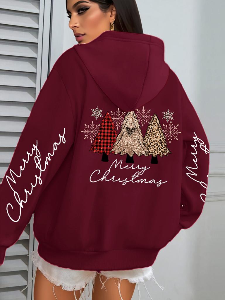 Merry Christmas Leopard Plaid Trees Pattern Hoodies Women Hip Hop Autumn Hoodie Pocket Loose Streetwear Fleece Y2K Pullovers