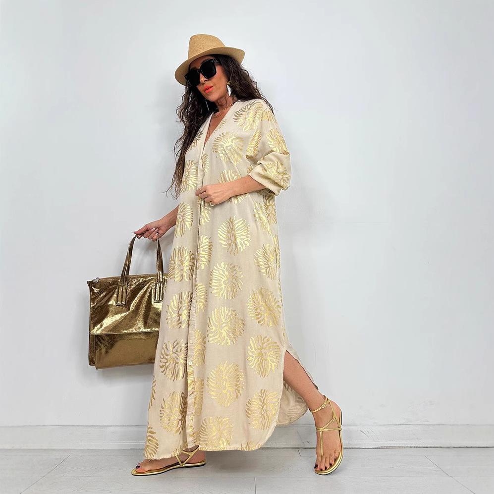 New Women's Lapel Printed and Gold-embossed Loose, Casual Long-sleeved Plum-sized Dress
