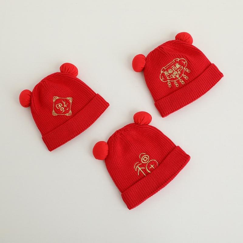 Red Knitted Hat Soft Baby Bonnet Cap Beanie Cap for Baby Infant Toddler Newborn Chinese Theme Winter Warm Hairball Hat