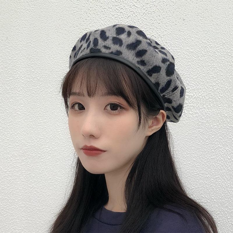 Autumn and Winter Cute Versatile Wool Leopard Print Beret Female Tide British Bud Painter Hat Winter