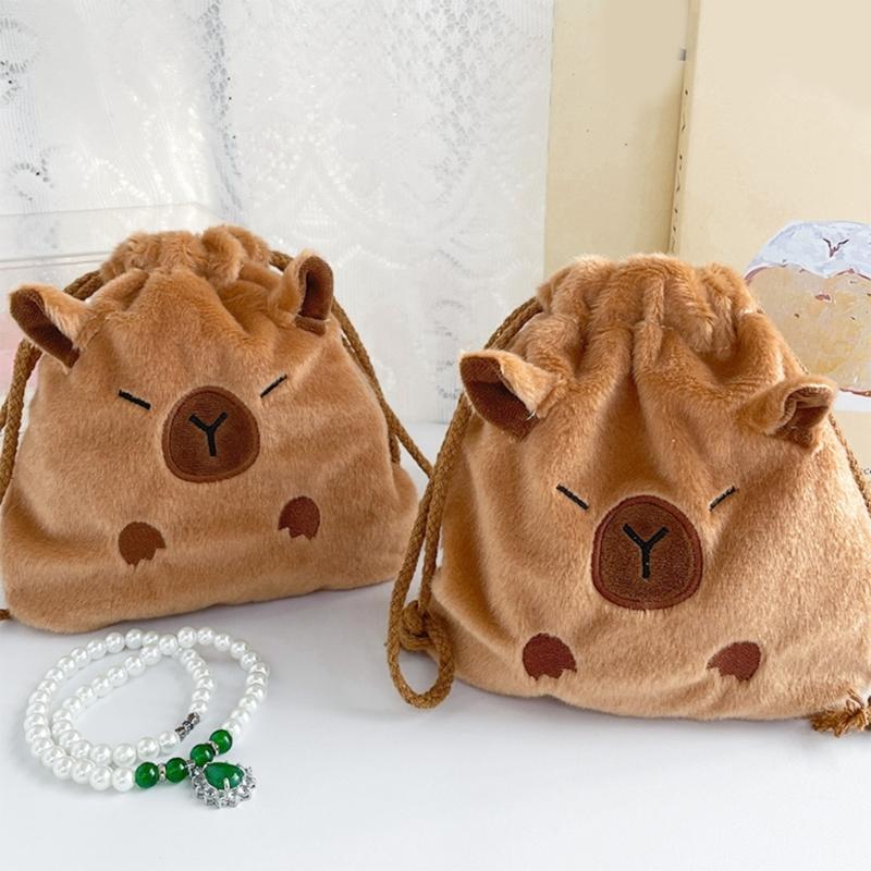 Unique Capybara Plush Cosmetic Pouch Large Capacity Drawstring Storage Bag Festival Gift Bags for Travel and Daily Use