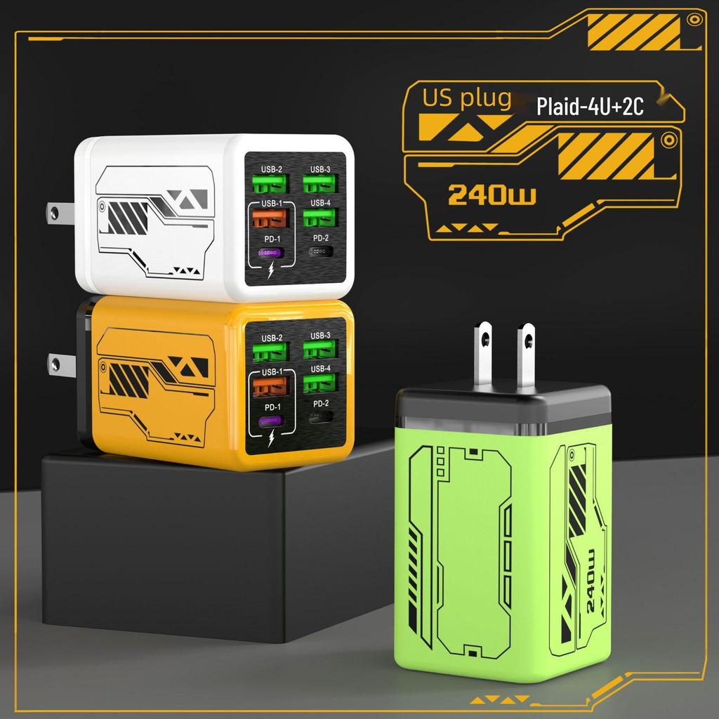 Mecha Style PD240W Fast Charger: 4-USB & 2-Type-C Ports, Compatible with Apple & Huawei Devices